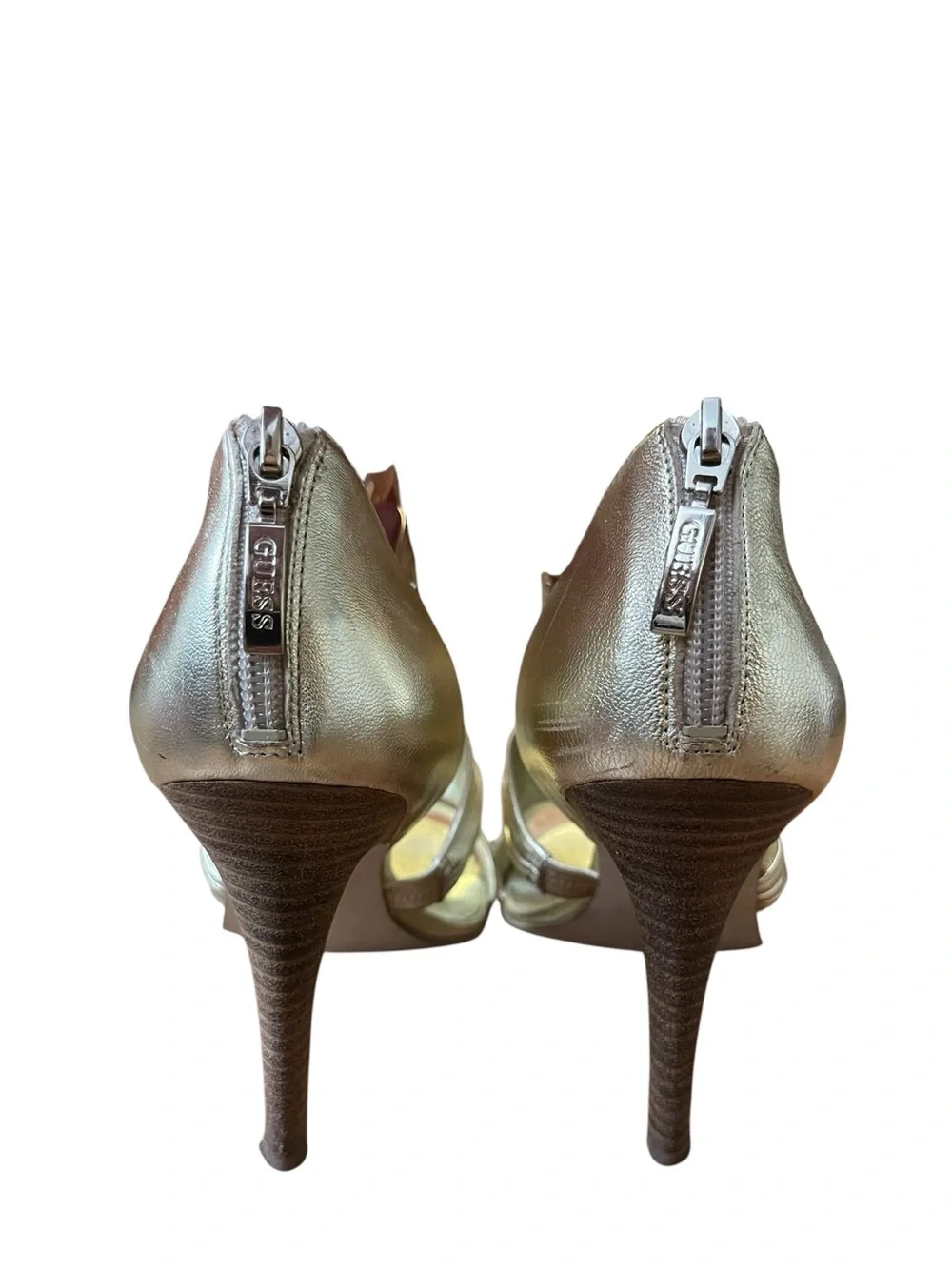 GUESS‎ Gold Metallic Strappy Heels Zip Back Stiletto Sandals Size 9.5 Party Glam